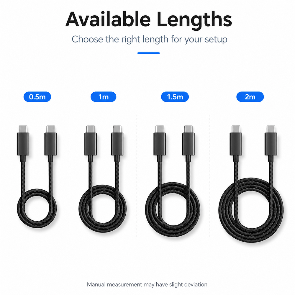 USB-C braided cable available in 0.5m, 1m, 1.5m, and 2m lengths