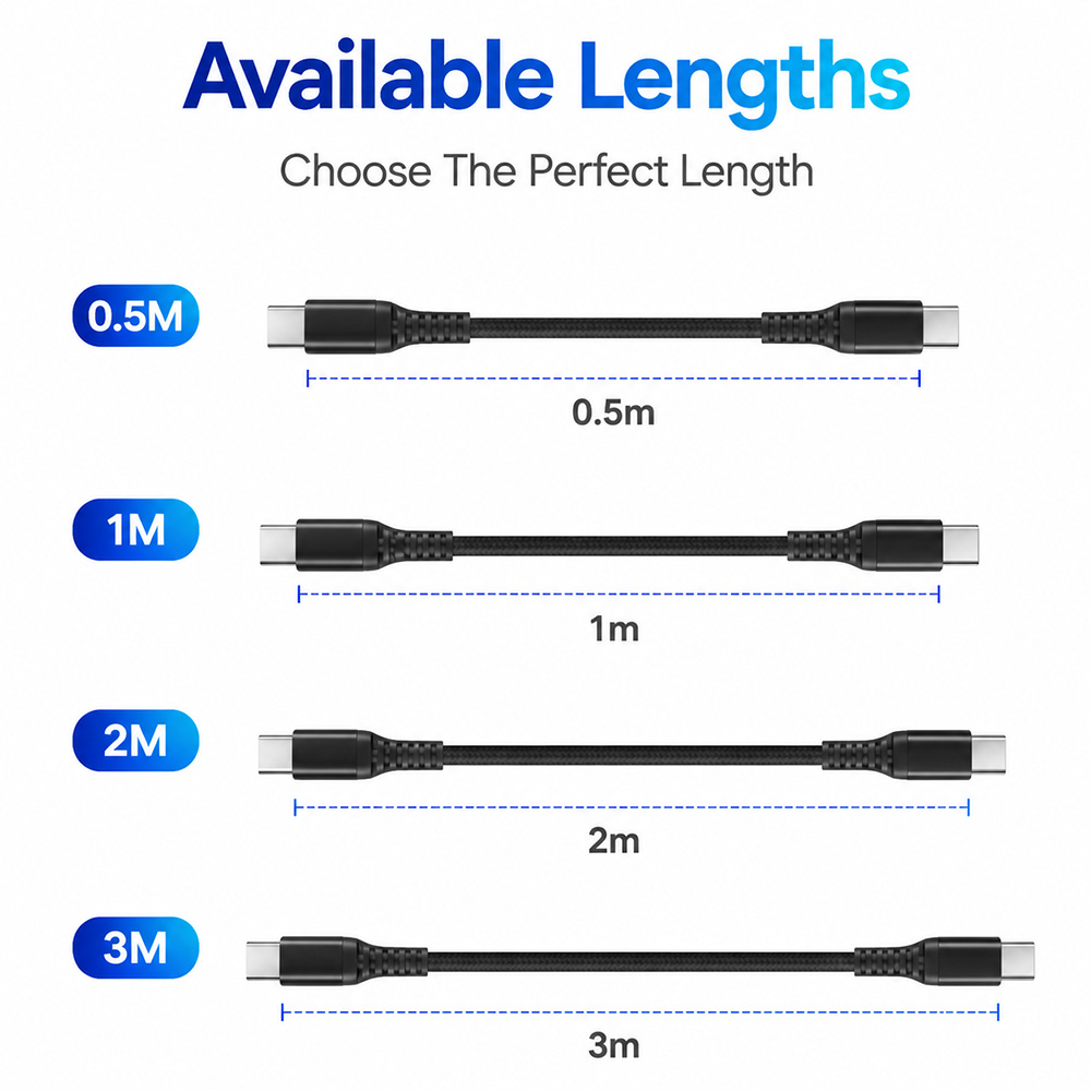 USB-C to USB-C cable available in 0.5m 1m 2m and 3m length options