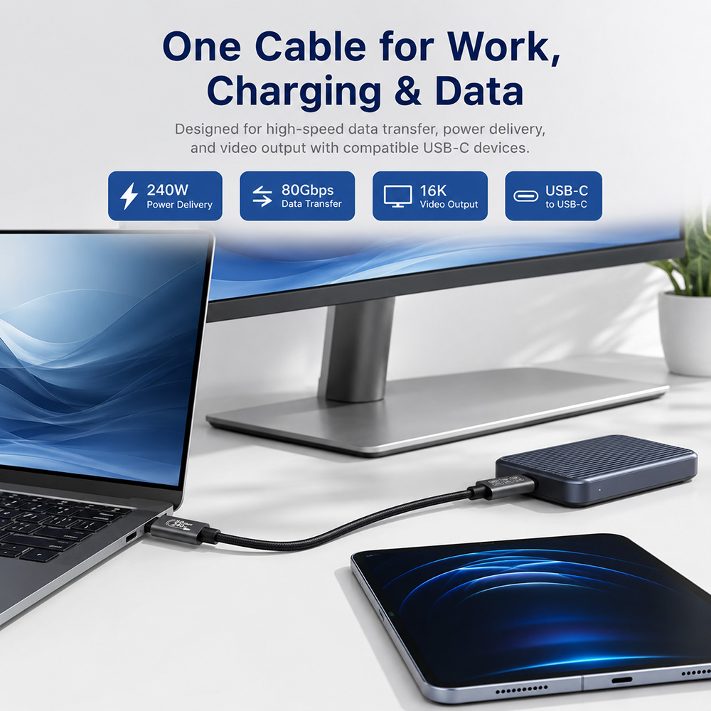 USB-C cable used in a modern desk setup for charging, data transfer, and video output