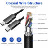 Coaxial wire structure of USB-C high-speed cable with copper conductor, shielding, and nylon braided jacket
