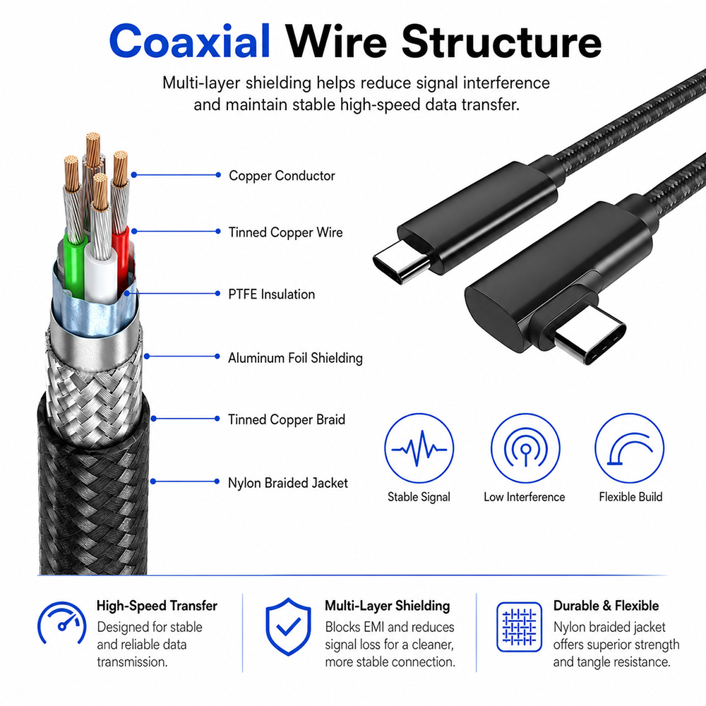 Coaxial wire structure of USB-C high-speed cable with copper conductor, shielding, and nylon braided jacket