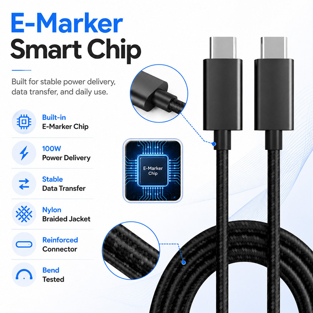 USB-C cable with built-in E-Marker smart chip, nylon braided jacket, and reinforced connector