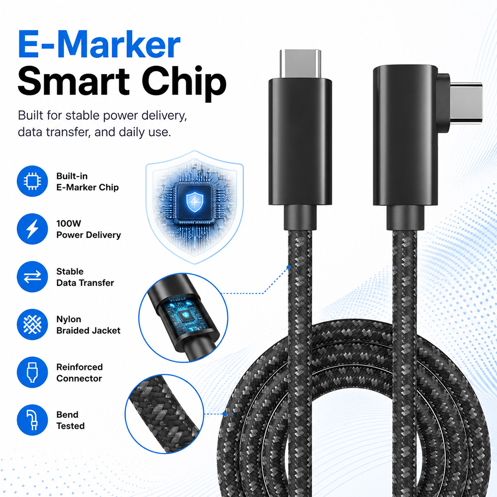 USB-C right angle cable with built-in E-Marker smart chip, nylon braided jacket, and reinforced connector