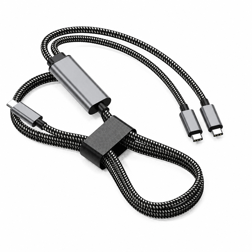 Flat layout of USB-C PD100W braided cable showing Y-split structure