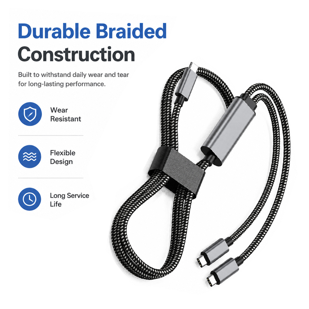 Detail of braided texture and Y-split structure of USB-C PD100W cable