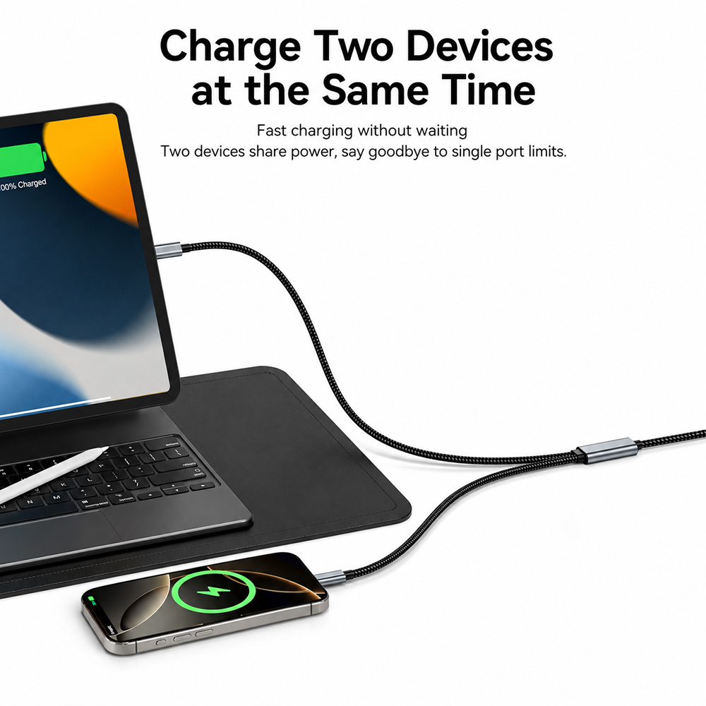 USB-C PD100W cable charging laptop and smartphone simultaneously
