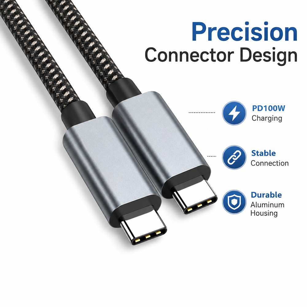 Close-up of USB-C connectors and aluminum housing, PD100W fast charging