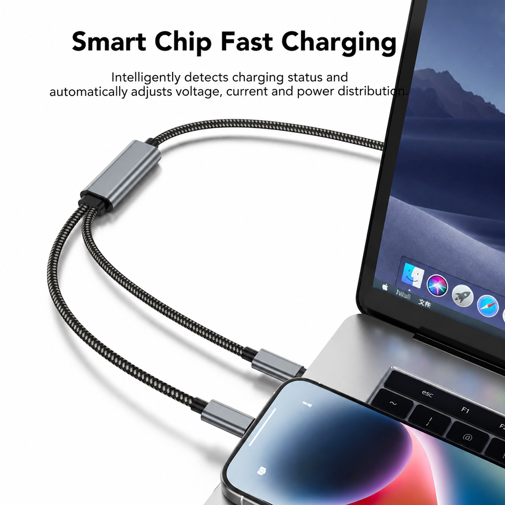 USB-C PD100W cable connected to laptop and smartphone in office setup