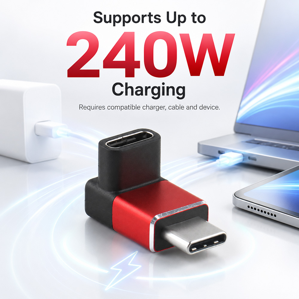 USB-C right angle adapter showing support for up to 240W charging
