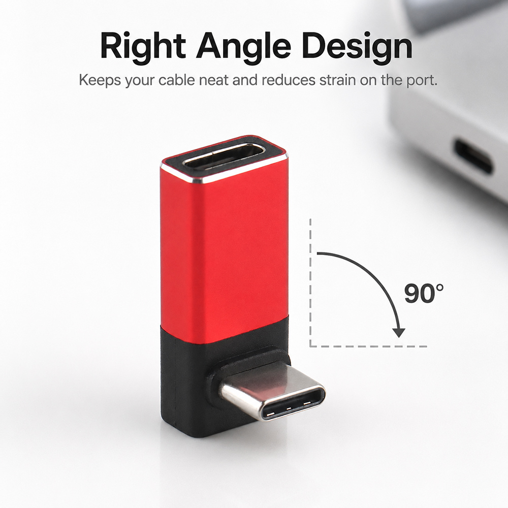 USB-C right angle adapter showing 90 degree design for neat cable direction