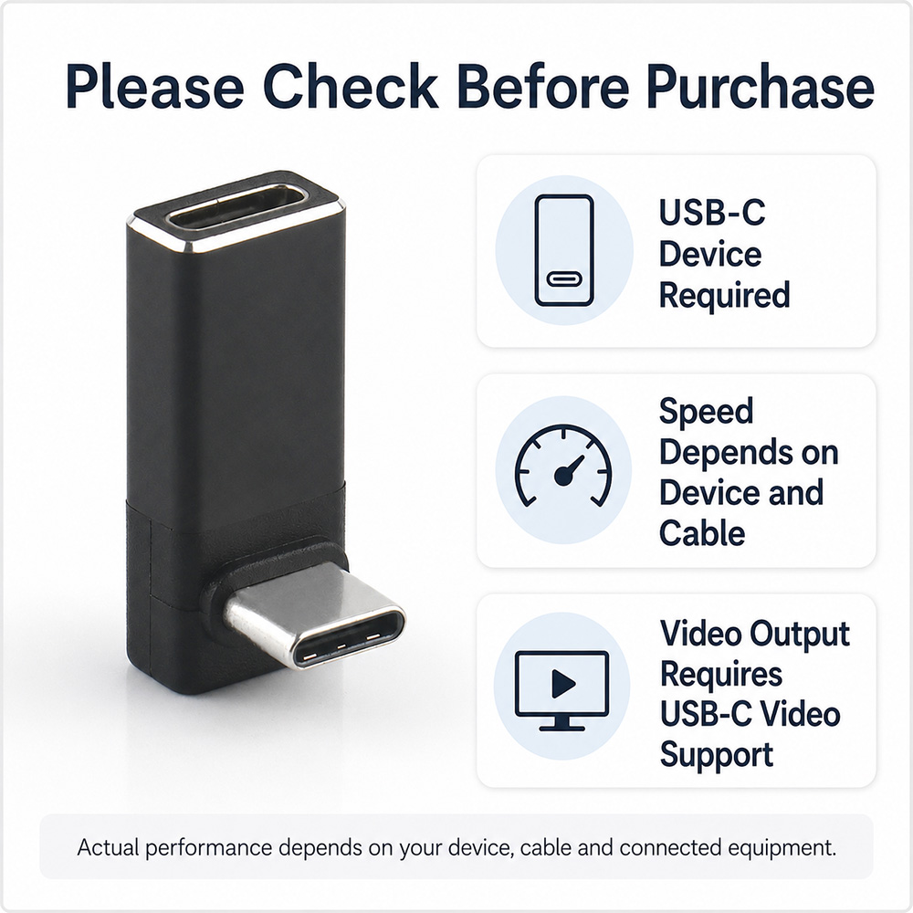 USB-C right angle adapter compatibility notice for USB-C devices, speed and video output
