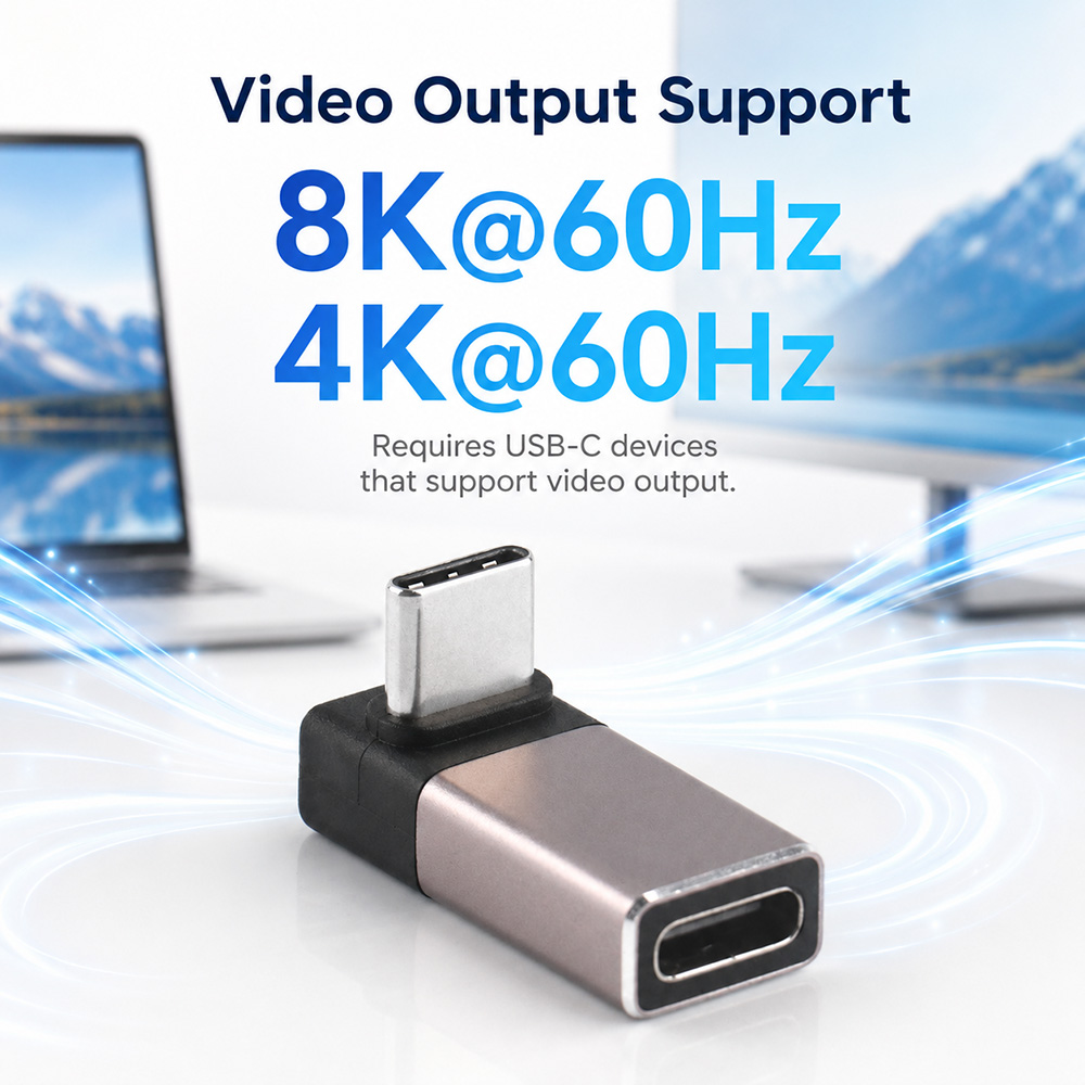 USB-C right angle adapter showing video output support for 8K 60Hz and 4K 60Hz