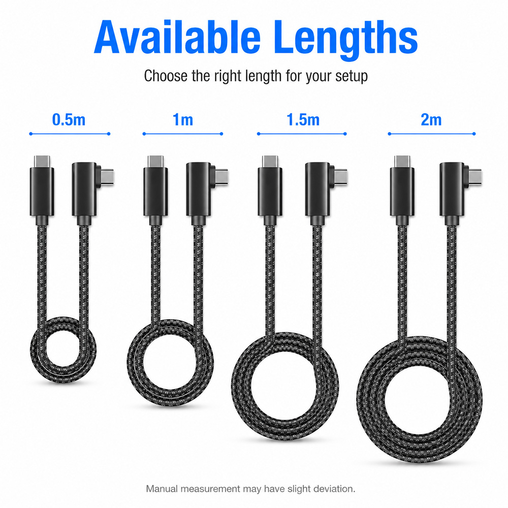 USB-C right angle braided cable available in 0.5m, 1m, 1.5m, and 2m lengths