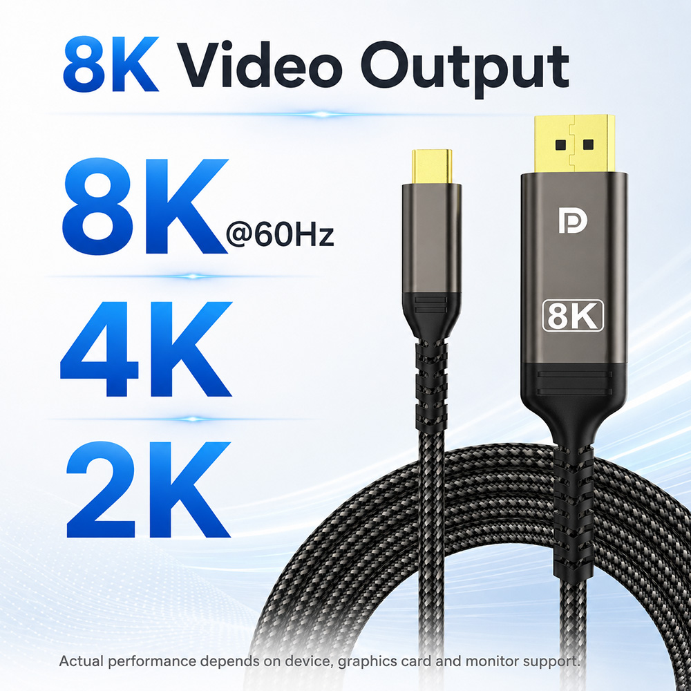 USB-C to DisplayPort 1.4 cable supporting 8K 60Hz, 4K and 2K video output