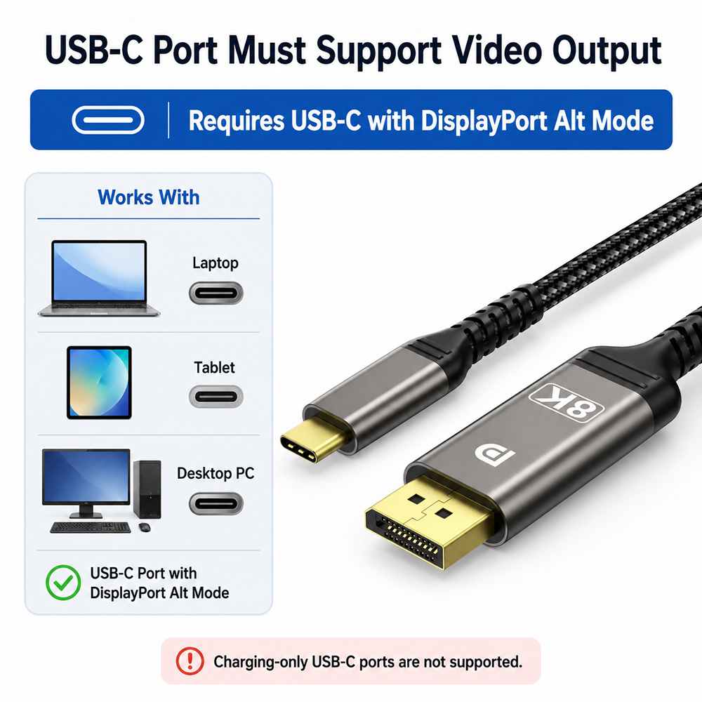 USB-C to DisplayPort 1.4 cable requires USB-C device with DisplayPort Alt Mode video output