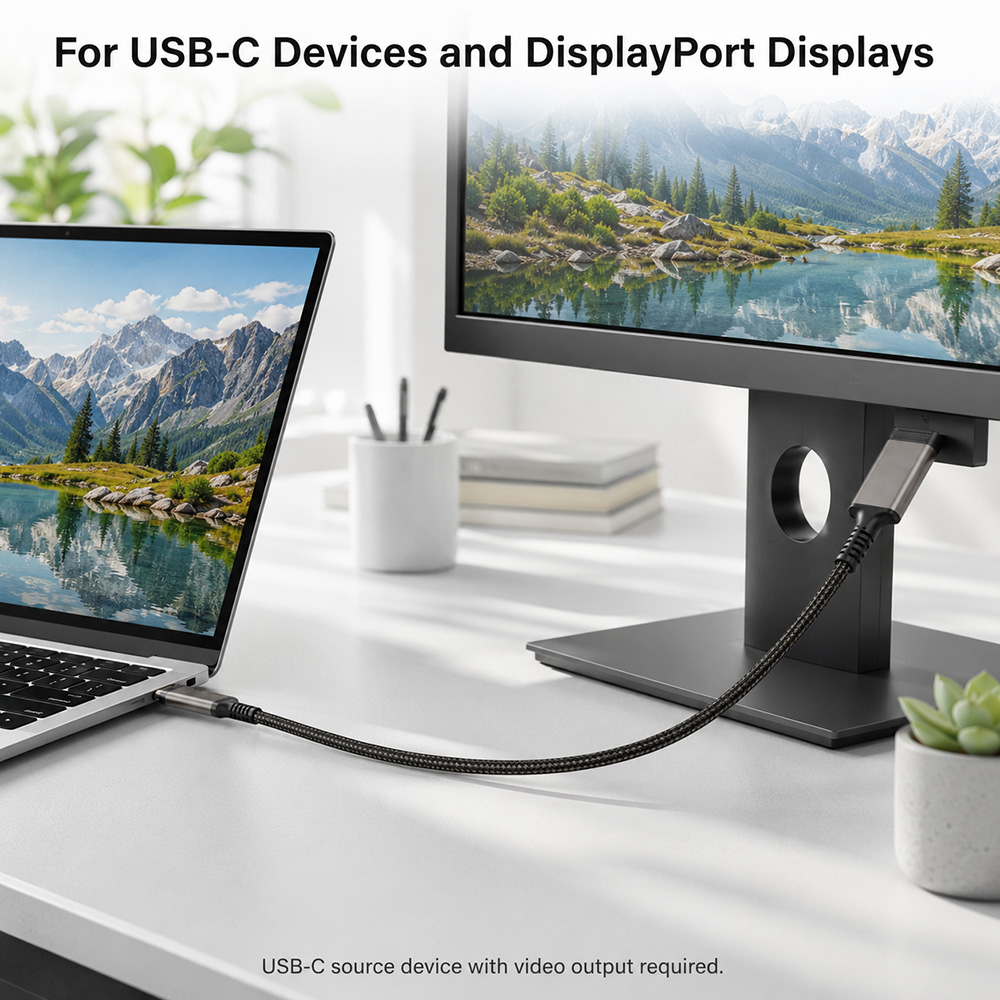 USB-C to DisplayPort 1.4 cable connected from a USB-C laptop to a DisplayPort monitor in an office setup