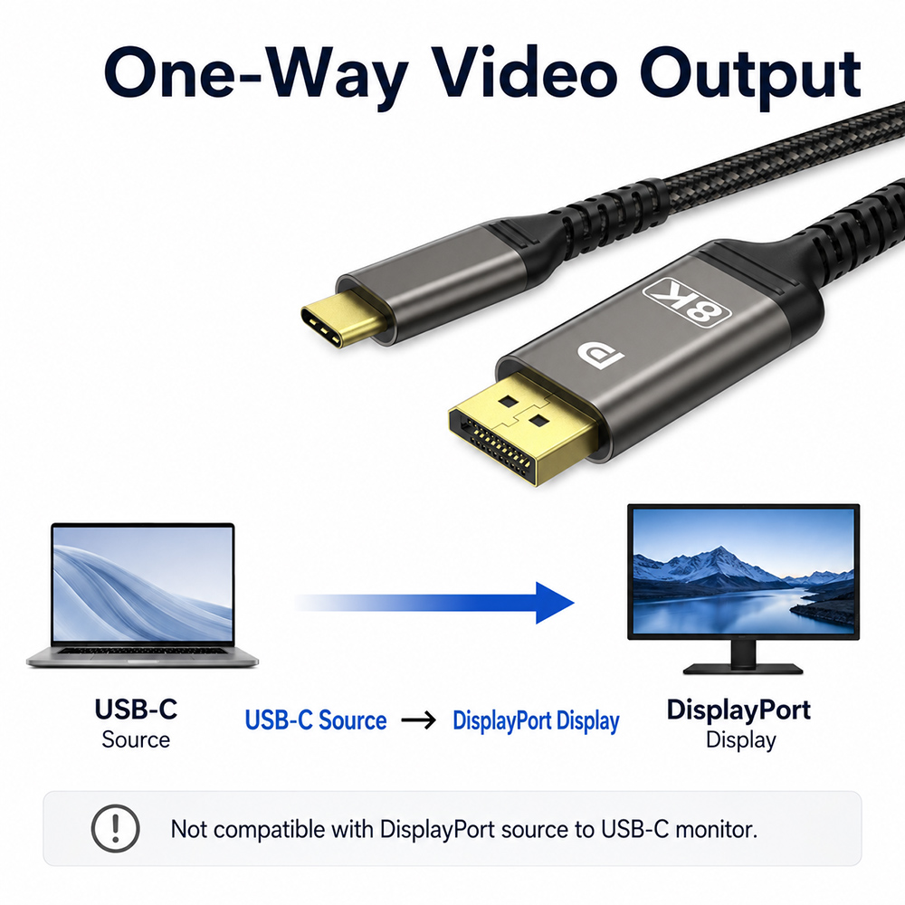 USB-C to DisplayPort 1.4 cable for one-way video output from USB-C source to DisplayPort display