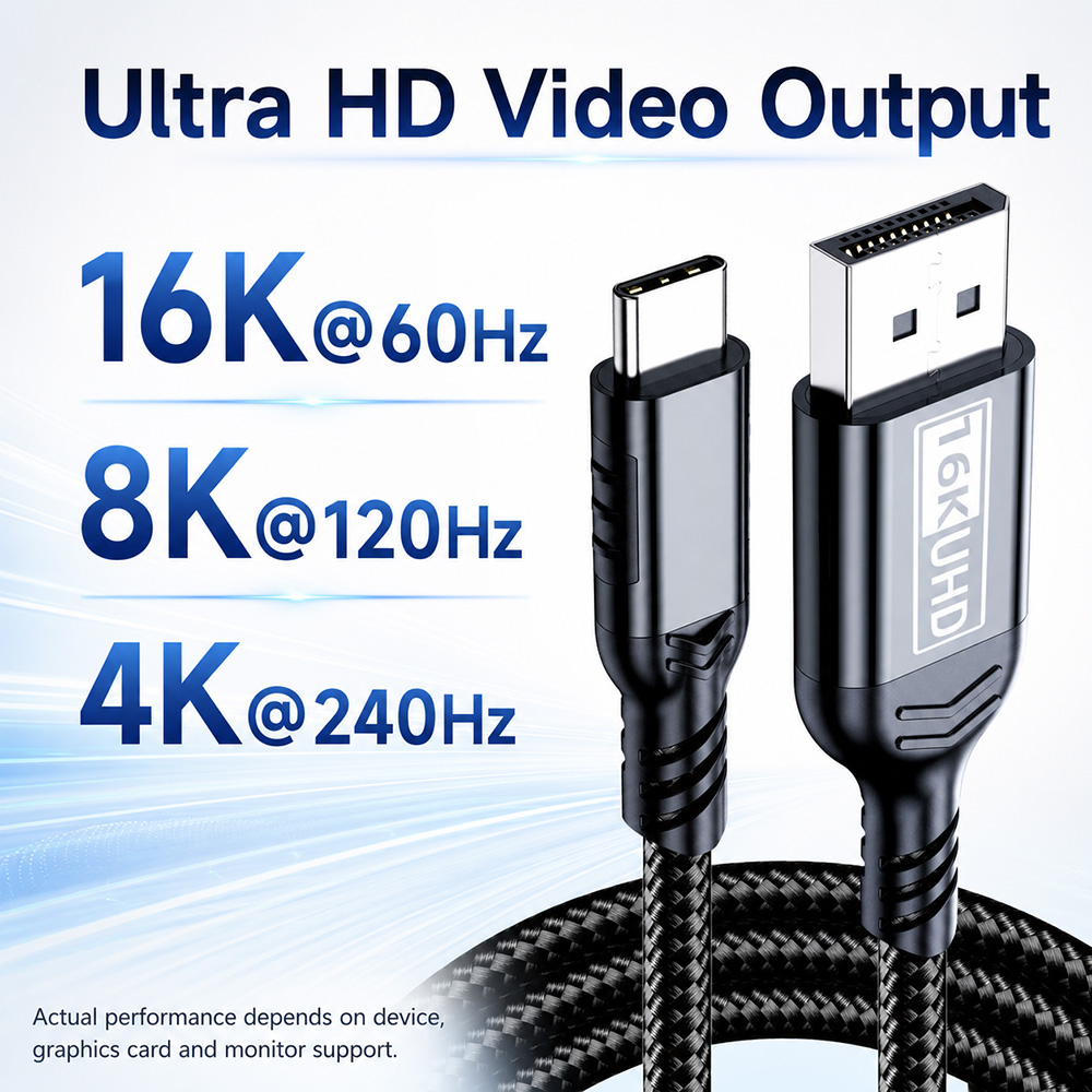 USB-C to DisplayPort cable supporting 16K 60Hz, 8K 120Hz and 4K 240Hz video output
