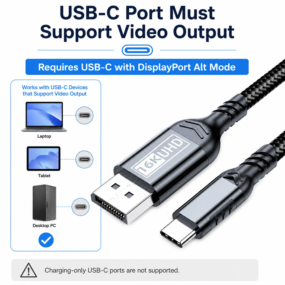 USB-C to DisplayPort cable requires USB-C device with DisplayPort Alt Mode video output