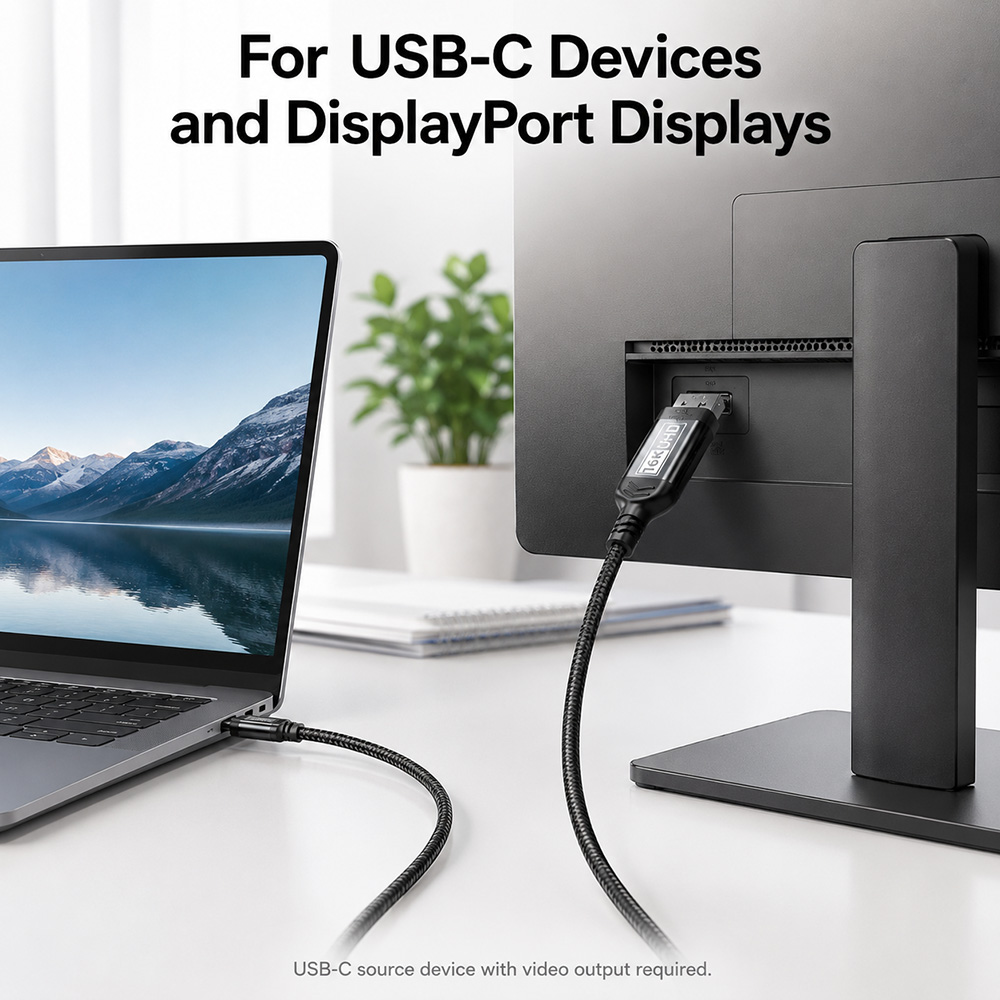 USB-C to DisplayPort cable connected from a USB-C laptop to a DisplayPort monitor in an office setup
