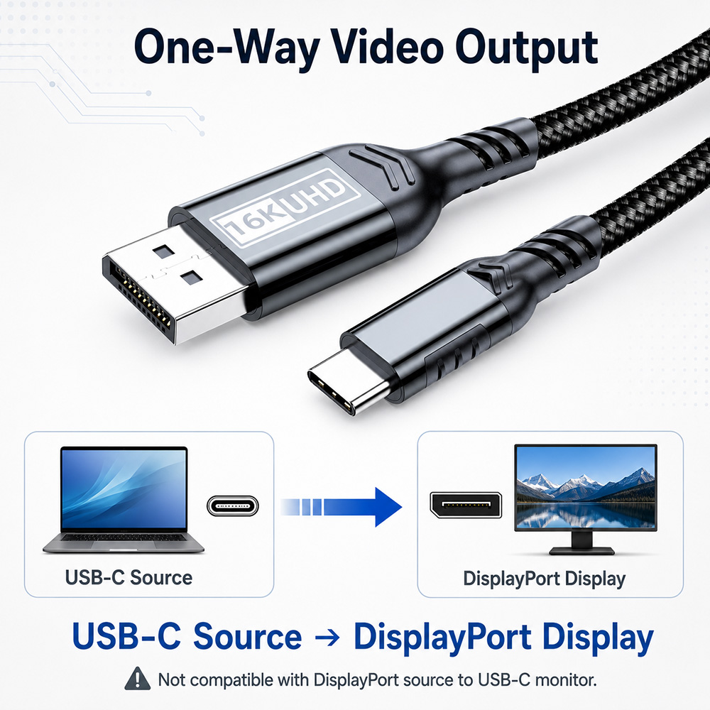 USB-C to DisplayPort cable one-way video output from USB-C source to DisplayPort display
