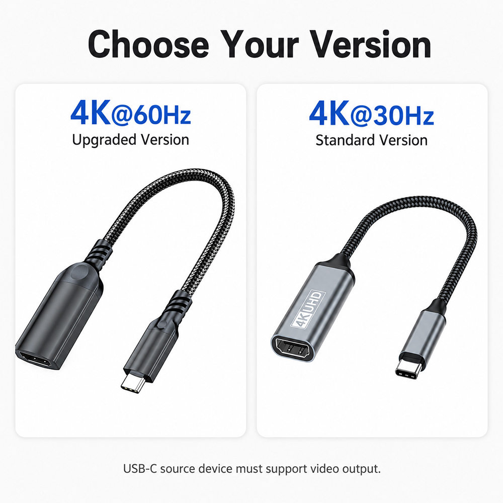 USB-C to HDMI female adapter cable comparison with 4K 60Hz upgraded version and 4K 30Hz standard version