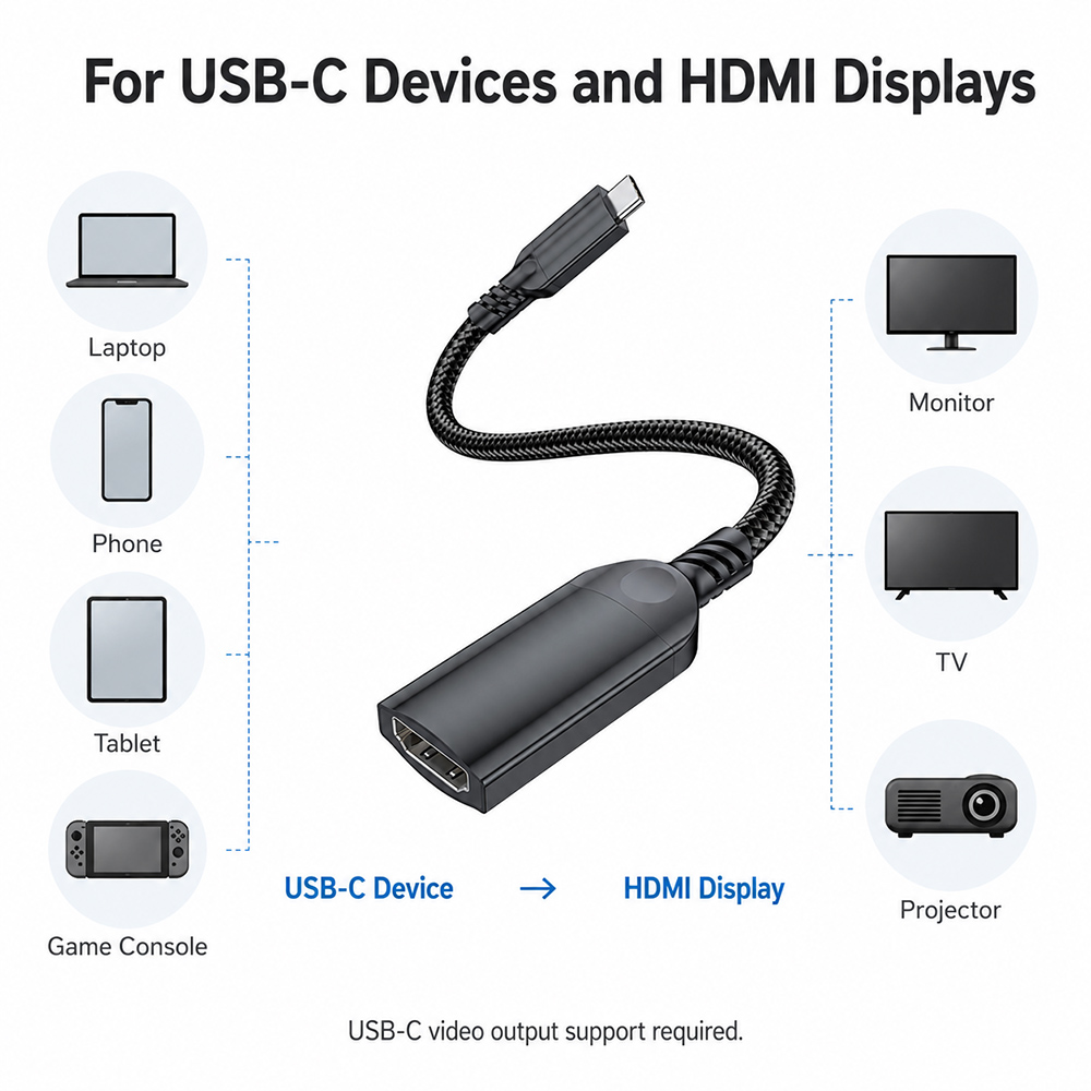 USB-C to HDMI adapter for USB-C laptops phones tablets game consoles and HDMI monitors TVs projectors