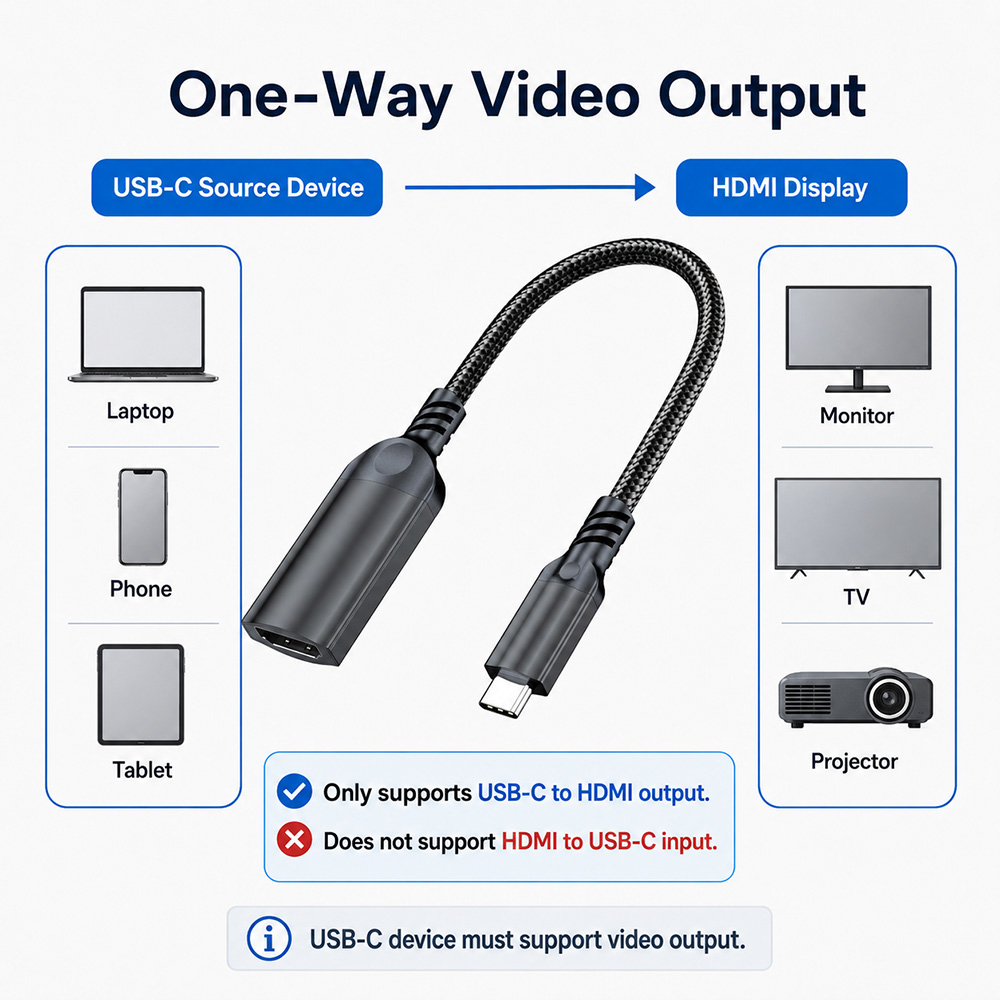 USB-C to HDMI adapter one-way video output guide from USB-C source device to HDMI display