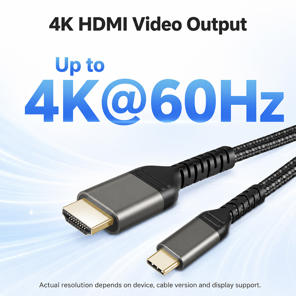 USB C to HDMI cable supporting up to 4K 60Hz video output, depending on device and display support