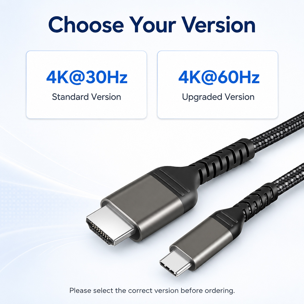 USB C to HDMI cable version options with 4K 30Hz standard version and 4K 60Hz upgraded version