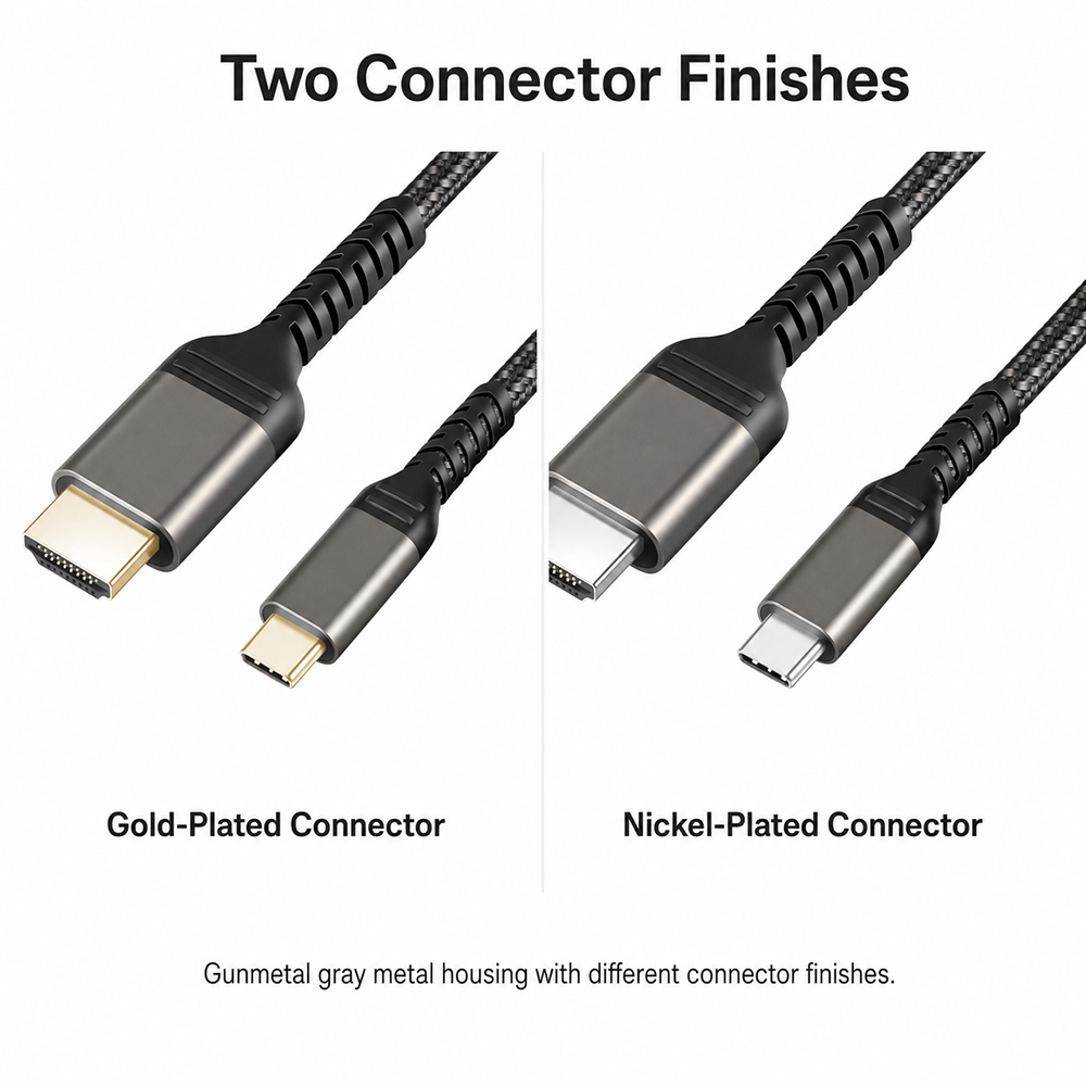 USB C to HDMI cable with gold-plated and nickel-plated connector finish options