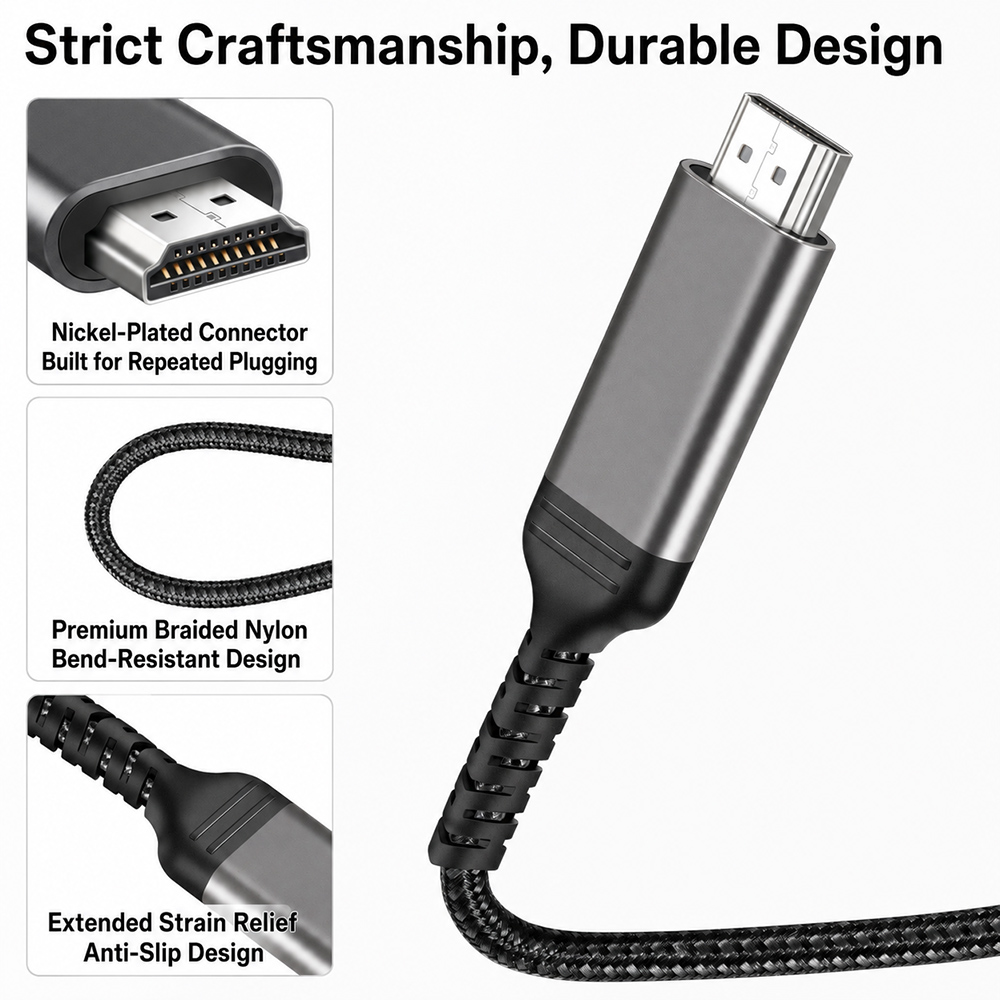 USB C to HDMI cable with nickel-plated connector, premium braided nylon and reinforced strain relief