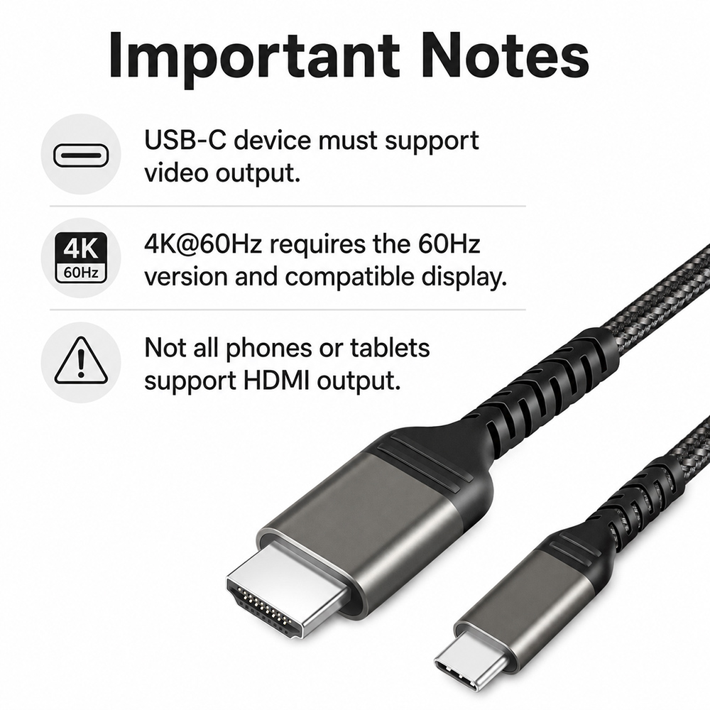 Important notes for USB C to HDMI cable requiring USB-C video output and DP Alt Mode support