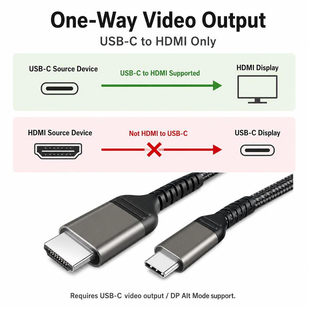 USB C to HDMI cable supports one-way video output from USB-C source device to HDMI display only