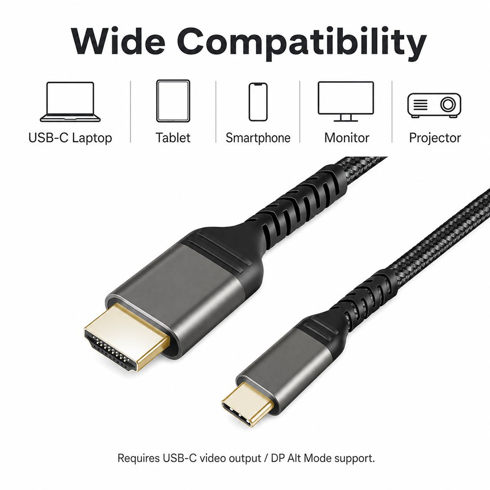 USB C to HDMI cable compatible with USB-C laptops, tablets, smartphones, monitors and projectors with video output support