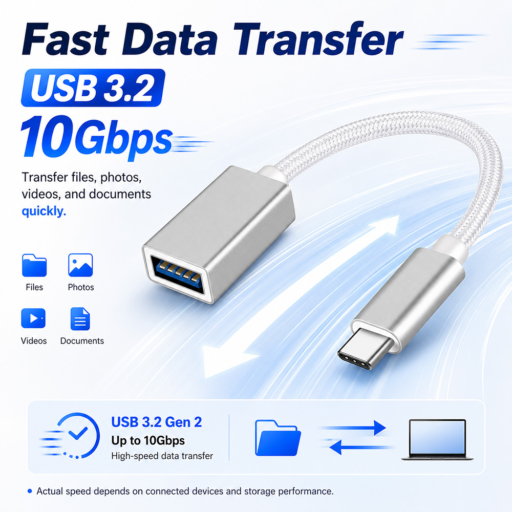 USB-C to USB-A OTG adapter cable supporting USB 3.2 10Gbps data transfer for files photos videos and documents