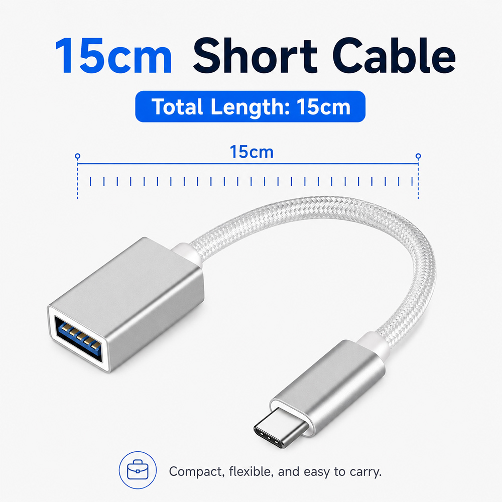 15cm short USB-C to USB-A OTG adapter cable with compact braided design for easy carrying