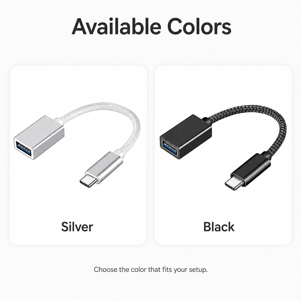 Available colors image showing silver and black USB-C to USB-A OTG adapter cable options