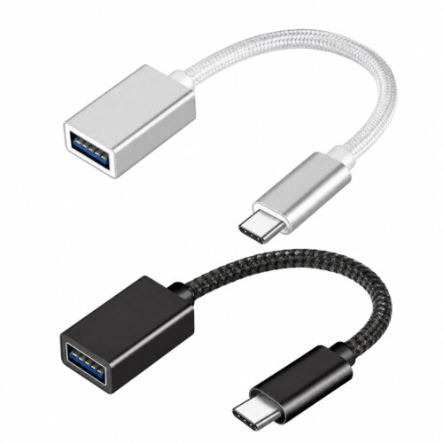 USB-C male to USB-A female OTG adapter cable in black and silver colors with braided short cable design