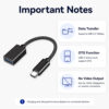 Important notes for USB-C to USB-A OTG cable including USB 3.2 10Gbps data transfer OTG support requirement and no video output