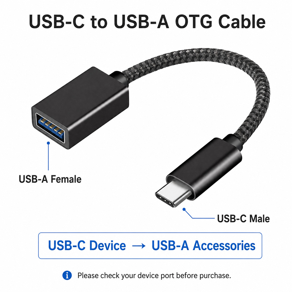 Interface guide showing USB-C male connector and USB-A female port on a USB-C to USB-A OTG adapter cable