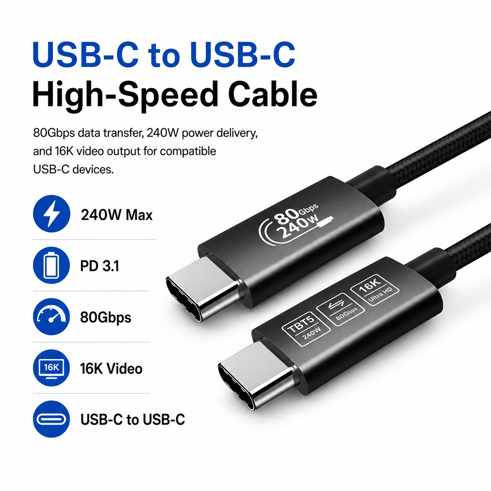 USB-C to USB-C high-speed cable with 80Gbps data transfer, 240W power delivery, and 16K video output