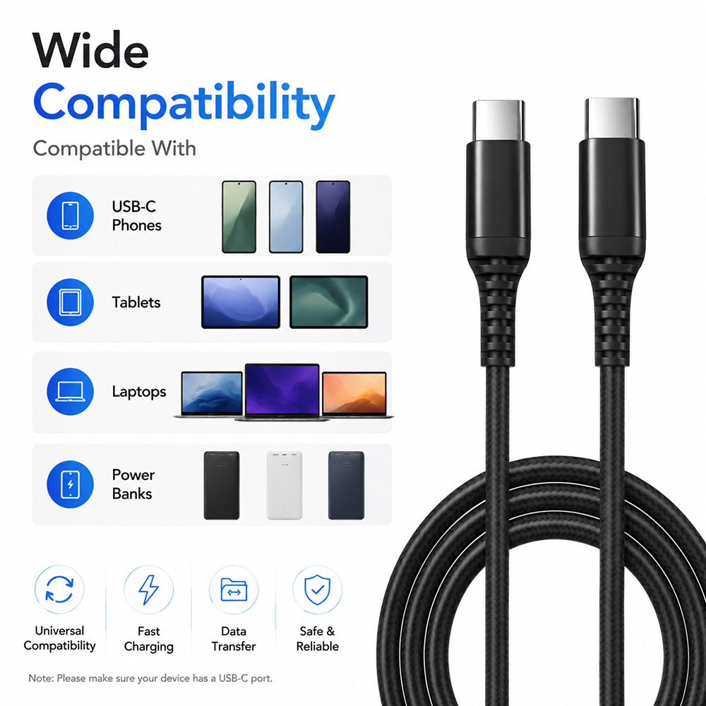 USB-C cable compatible with phones tablets laptops and power banks