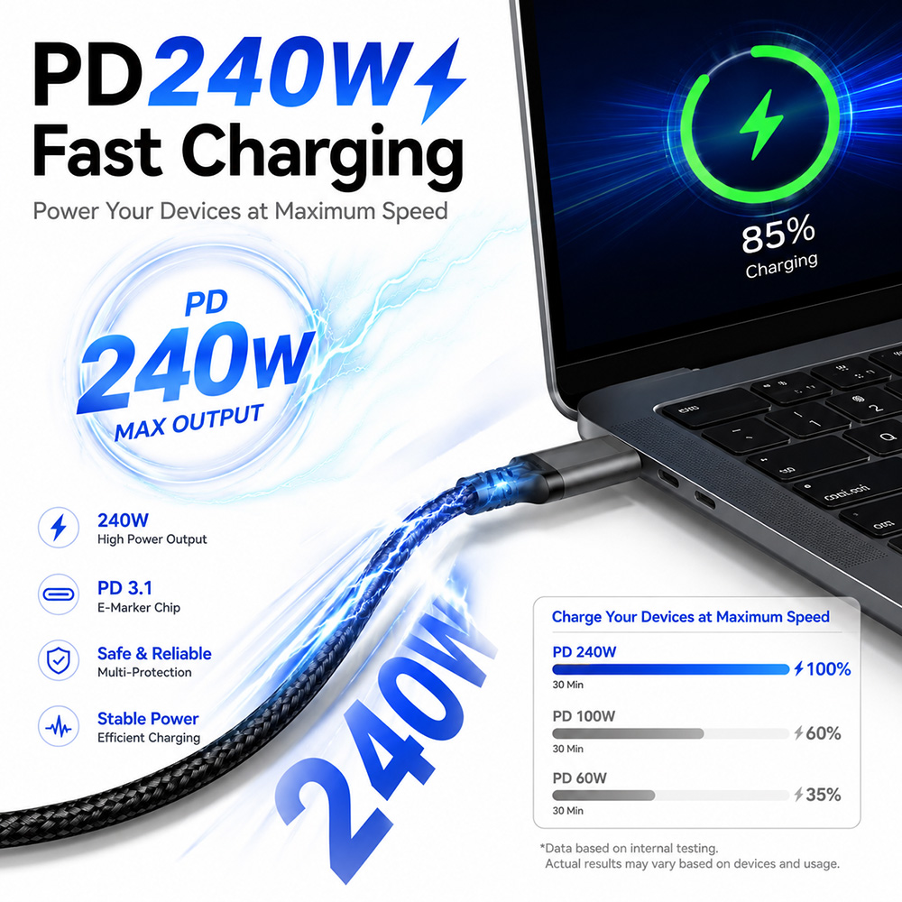 USB3.2 Gen2x2 90 degree USB-C cable with 240W PD fast charging support