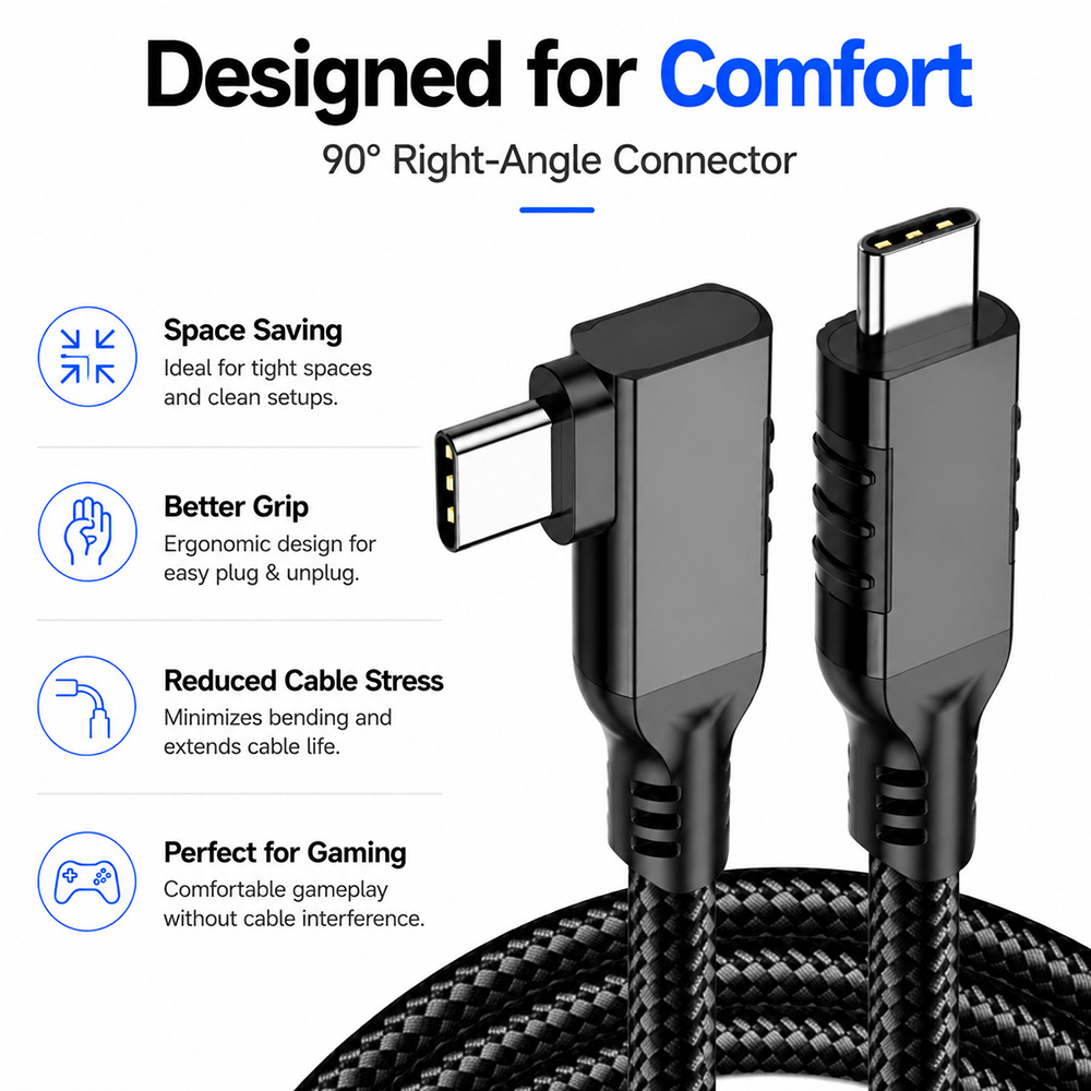 Close up view of USB3.2 Gen2x2 90 degree USB-C cable connector