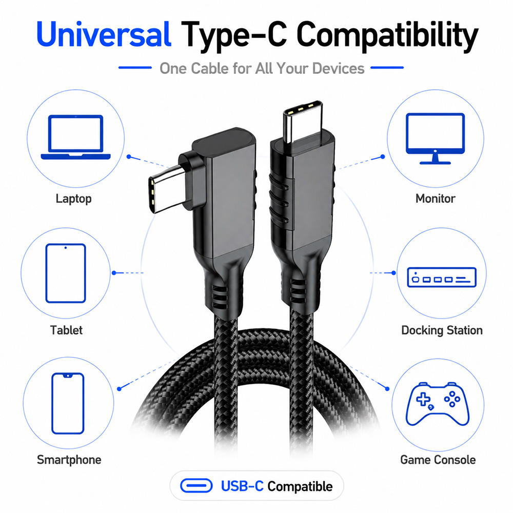 USB3.2 Gen2x2 90 degree USB-C cable compatible with laptops monitors docking stations and SSDs