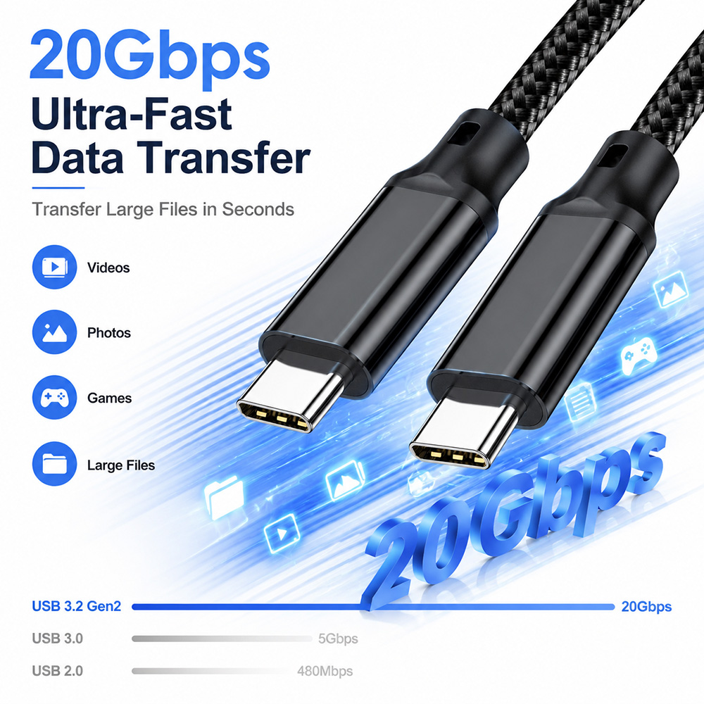 USB3.2 Gen2x2 Type-C cable showing high-speed 20Gbps data transfer between devices.