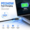 USB3.2 Gen2x2 Type-C cable illustrating 240W PD fast charging with multiple device compatibility.