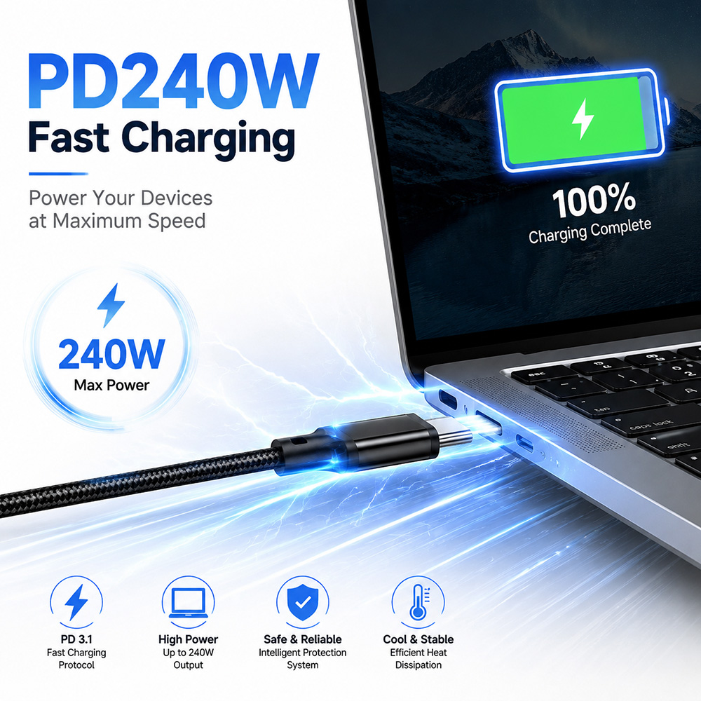 USB3.2 Gen2x2 Type-C cable illustrating 240W PD fast charging with multiple device compatibility.