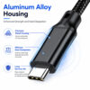 Close-up of USB3.2 Gen2x2 Type-C cable connector with aluminum alloy housing, highlighting durability and heat dissipation.